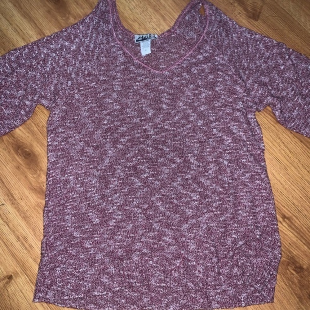 Maroon and White Cold Shoulder Sweater. Junior Size 2X Small Snag on the Front